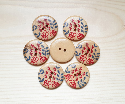 SIMPLE FLOWER DRAWINGS / 30mm - 7 buttons / Wooden Buttons / Sewing Buttons