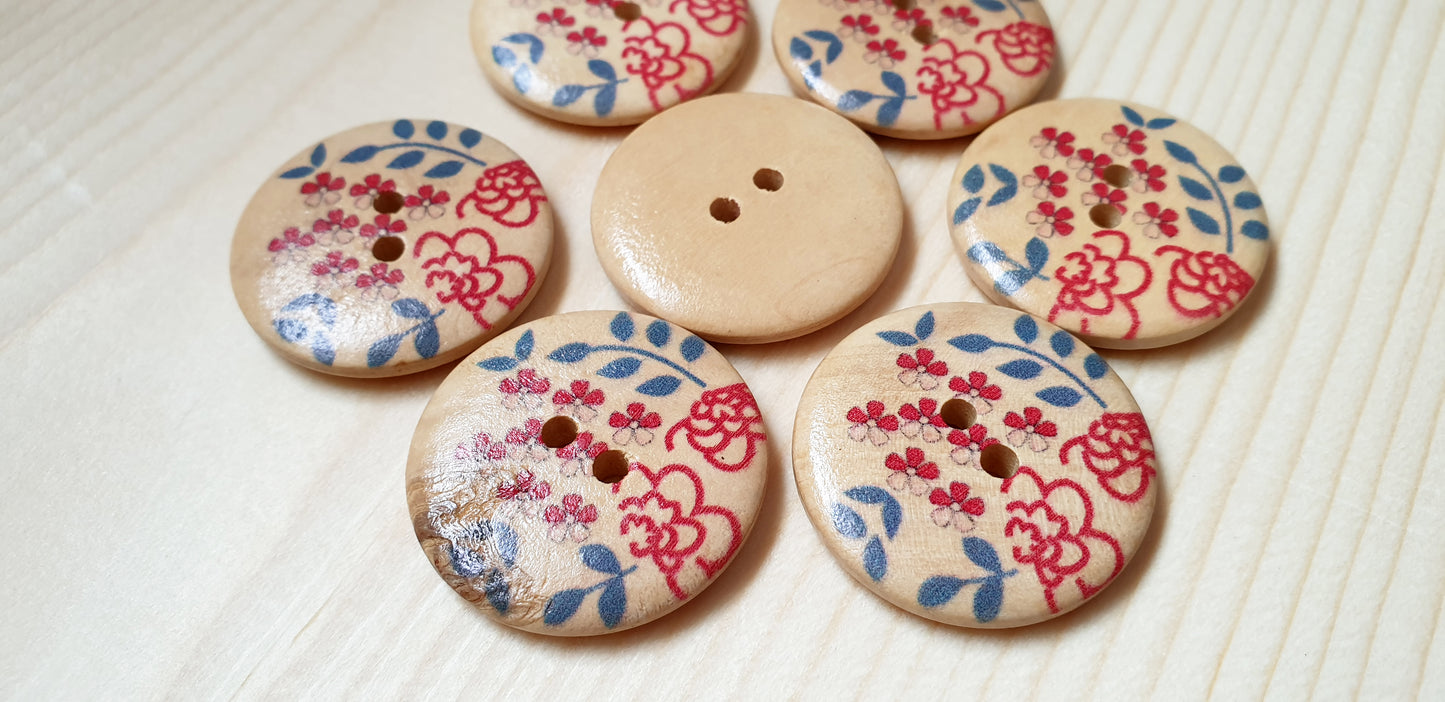 SIMPLE FLOWER DRAWINGS / 30mm - 7 buttons / Wooden Buttons / Sewing Buttons