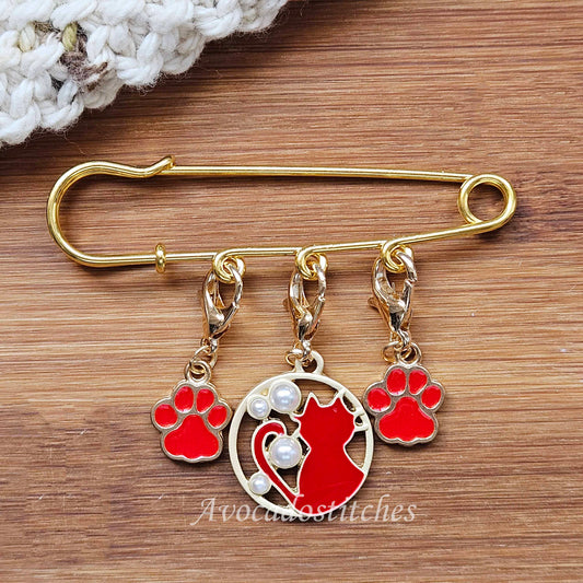 SCARLET WHISKERS – Stitch Marker and Holder Set / Set of 4 / Shawl Scarf Pin Brooch / Knitting Crochet Notion