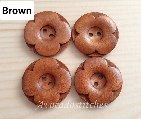 VINTAGE FLOWER ROUND / Wooden Buttons / 30mm (Set of 4)