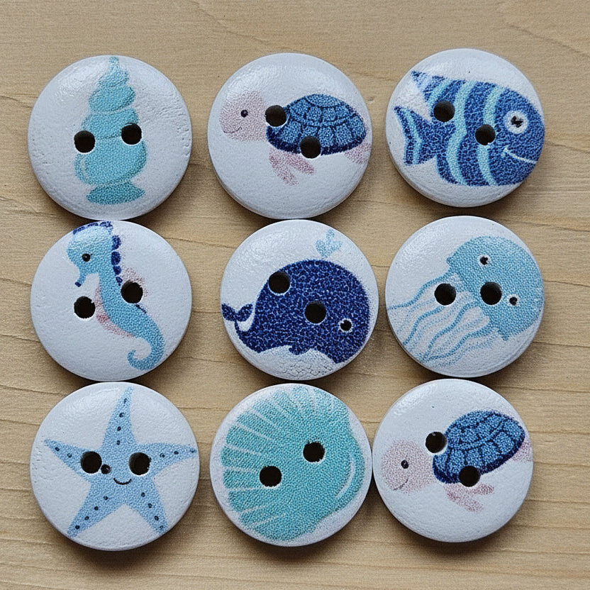 SEA CREATURES / Wooden Buttons / 15mm (Set of 8)