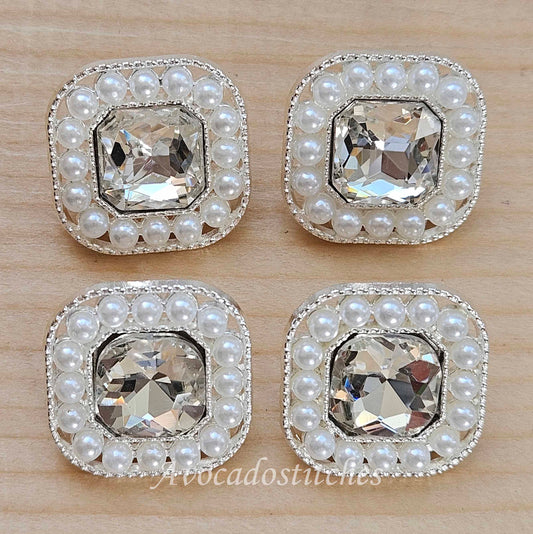 SILVERY PEARL GLINT / Metal Shank Buttons with Rhinestone and Imitation Pearls / 20*20mm / Set of 4 buttons / Sewing Buttons