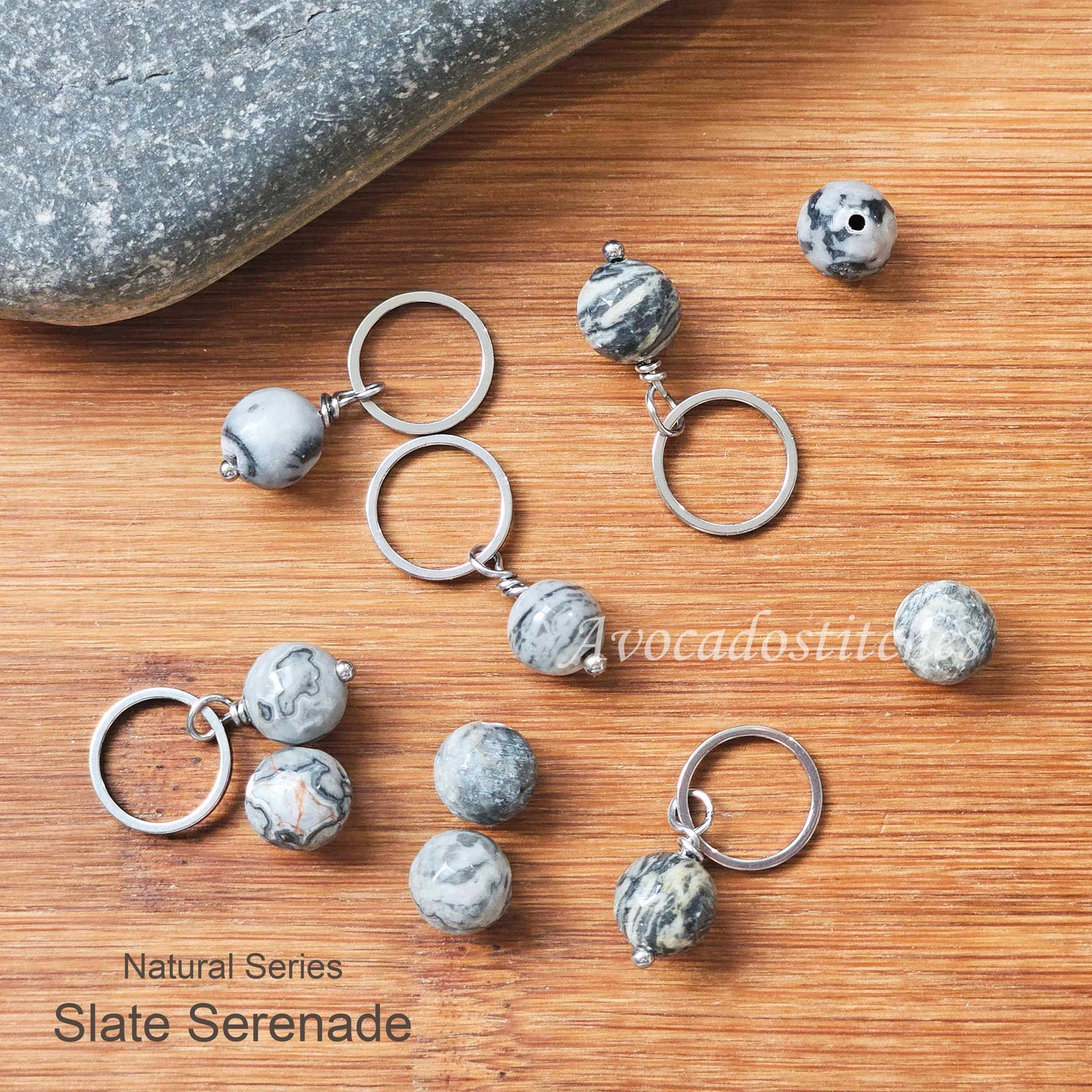 SLATE SERENADE (Natural Stone & Stainless Steel) – Set of 5 Stitch Markers / Knitting Crochet Notions
