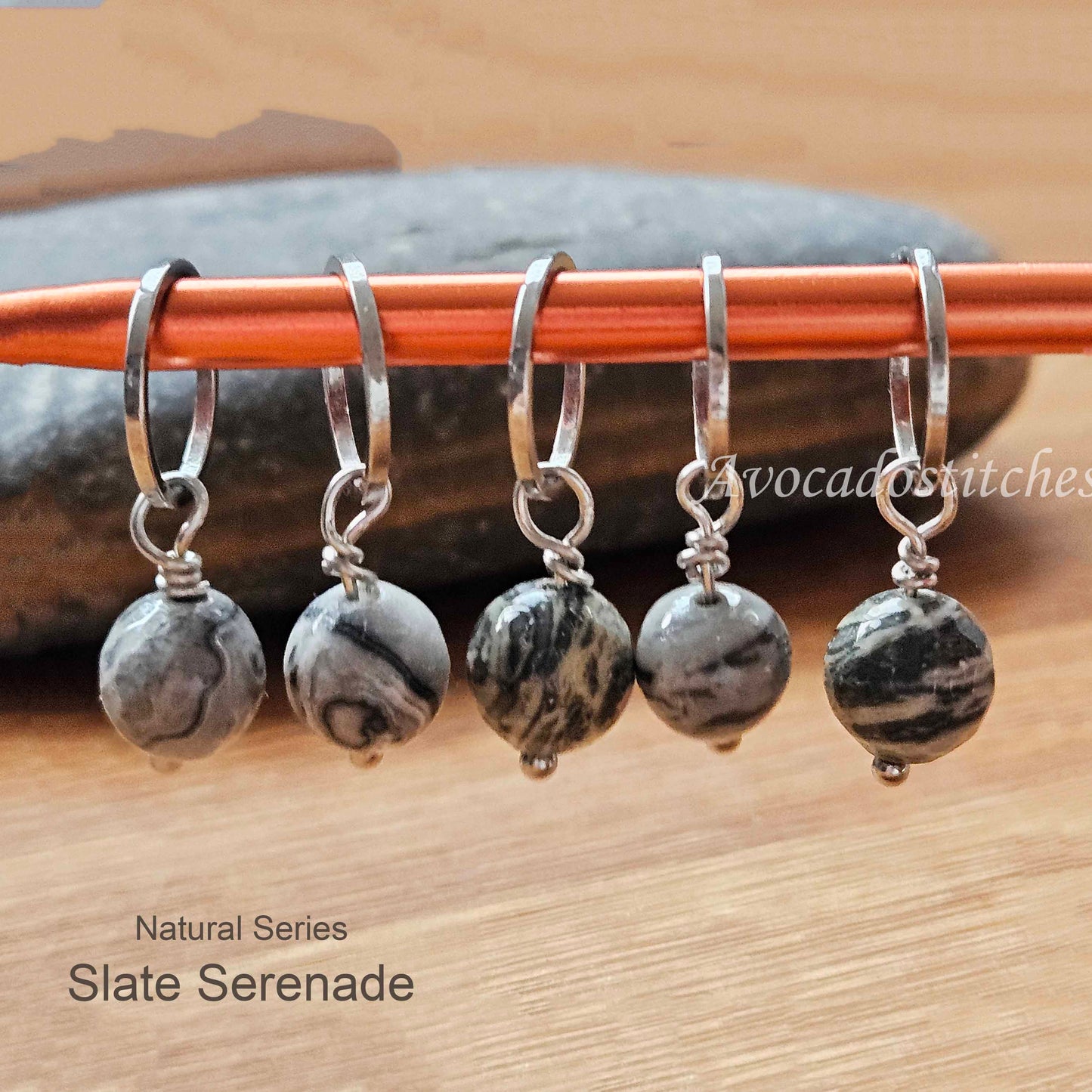 SLATE SERENADE (Natural Stone & Stainless Steel) – Set of 5 Stitch Markers / Knitting Crochet Notions