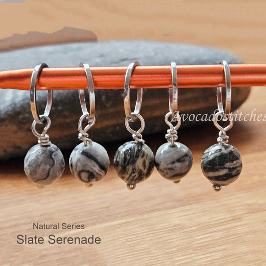 SLATE SERENADE (Natural Stone & Stainless Steel) – Set of 5 Stitch Markers / Knitting Crochet Notions