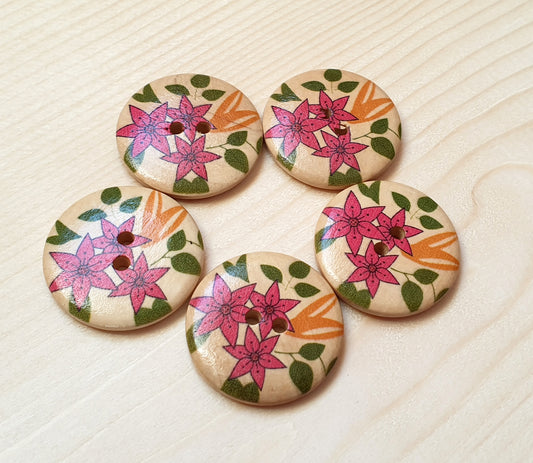 TRIO STARFLOWERS / 30mm - 5 buttons / Wooden Buttons / Sewing Buttons