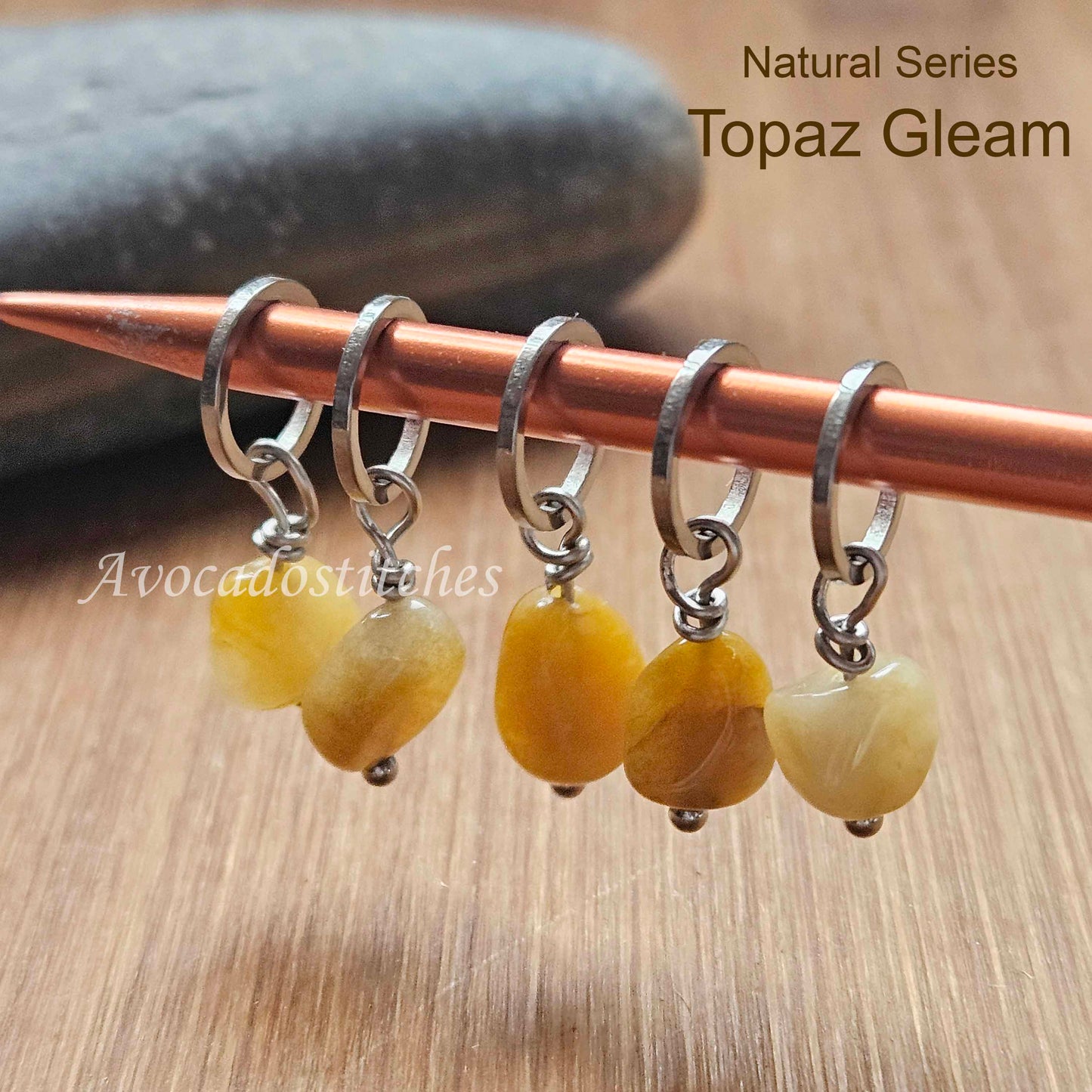 TOPAZ GLEAM (Grade A Topaz Stone & Stainless Steel) – Set of 5 Stitch Markers / Knitting Crochet Notions
