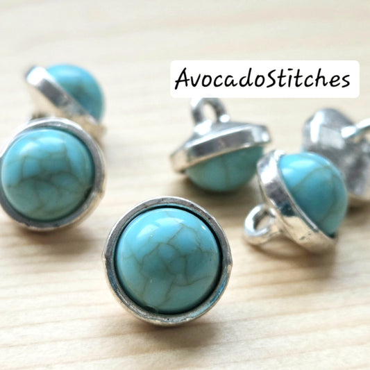 TURQUOISE SILVER EDGE / Turquoise Stone Zinc Alloy Shank Buttons / 12mm (Set of 5)