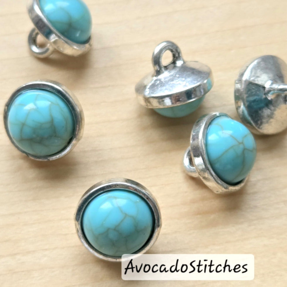 TURQUOISE SILVER EDGE / 12mm - 6 buttons / Zinc Alloy with Turquoise Stone / Shank Buttons / Sewing Buttons