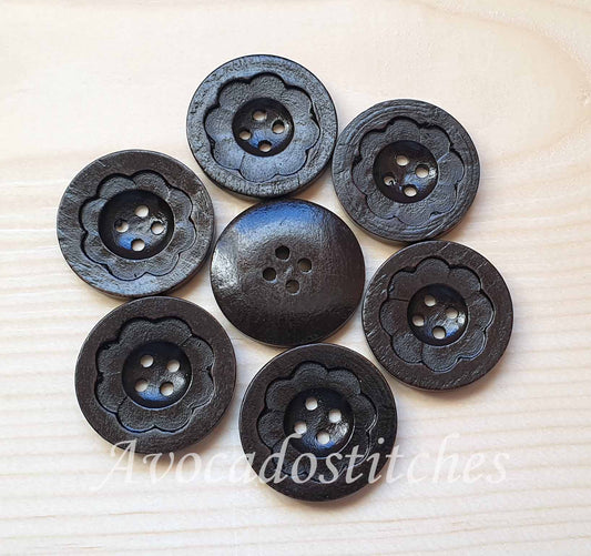 VINTAGE BUTTERCUP / Dark Brown 4-Hole Wooden Buttons / 31mm (Set of 4)