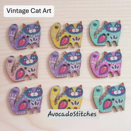 Clearance // VINTAGE CAT ART / 8 buttons / Wooden Buttons / Sewing Buttons