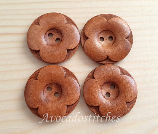 VINTAGE FLOWER BROWN / Brown 2-Hole Wooden Buttons / 30mm (Set of 4)