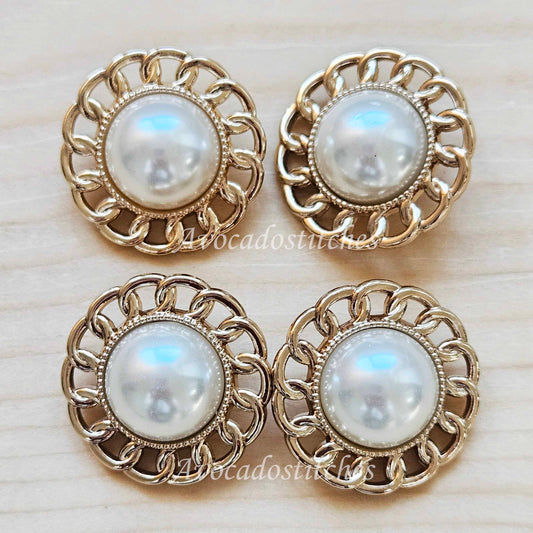 VINTAGE WHITE PEARL Golden Shank / 25mm - 4 buttons / Metal Alloy Imitation Pearl Shank Buttons / Sewing Buttons