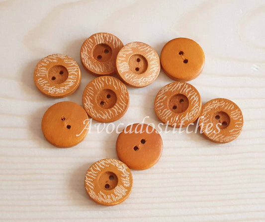 WAVES / Orange Brown 2-Hole Wooden Buttons / 18mm (Set of 6)