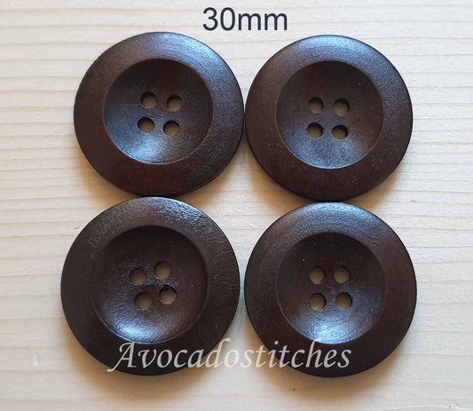 WEDGE EDGE / Dark Brown 4-Hole Wooden Buttons / 30mm (Set of 6)