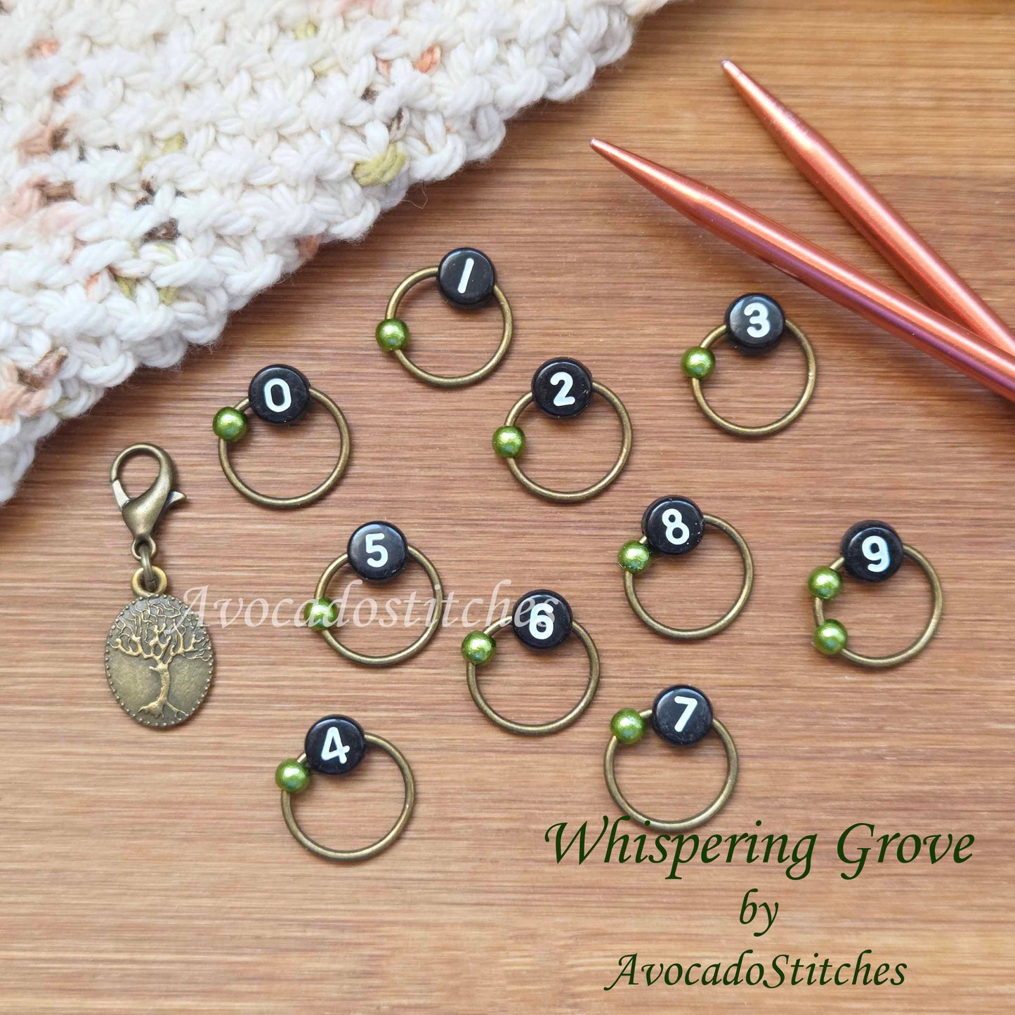 WHISPERING GROVE Progress Keepers / Numbered Stitch Markers Set / Row Counter / Knitting Stitch Markers / Notions