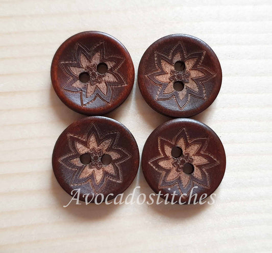 AvoDesigns MANDALA STARFLOWER / Brown 2-Hole Wooden Buttons / 20mm (Set of 6)