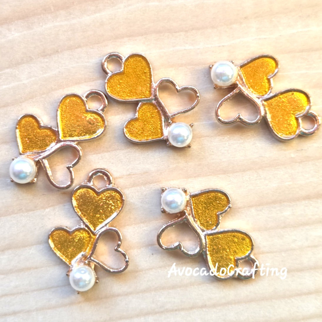 Yellow Twin Hearts Charms / 10 pieces / Jewelry Making
