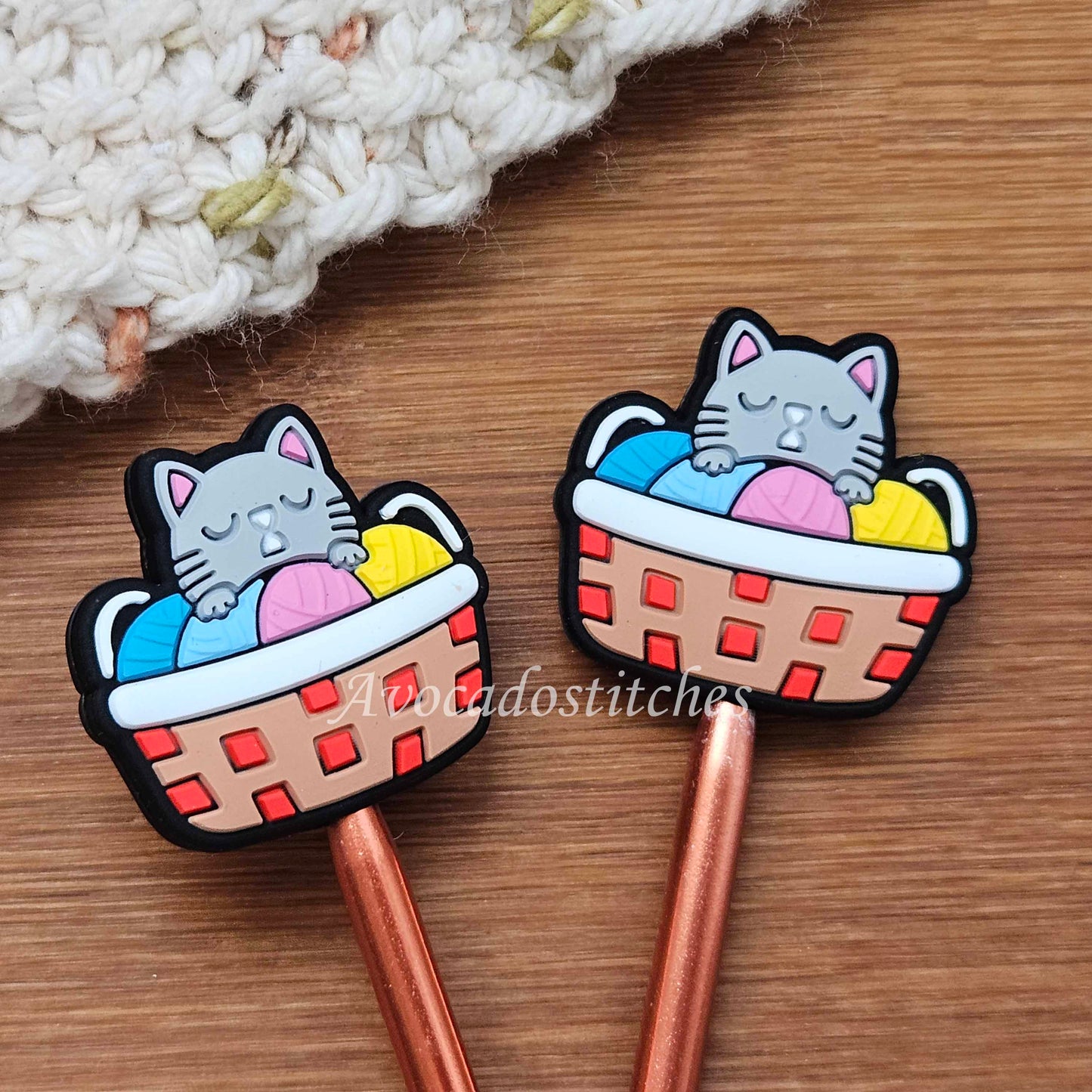 CAT in a YARN BASKET Stitch Stoppers / 2 pcs / Knitting Needle Stoppers / Point Protection / Notions