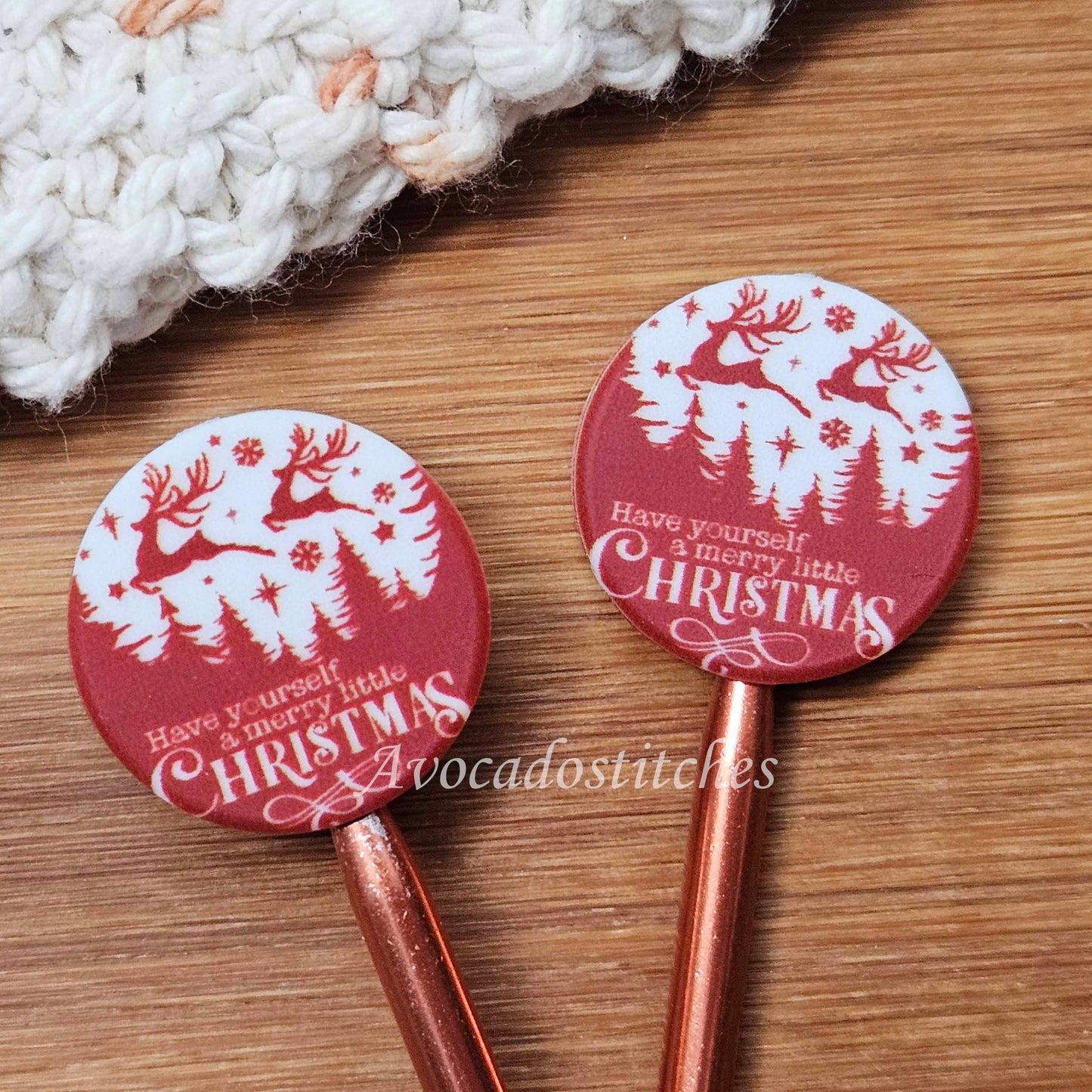 CHRISTMAS GREETINGS STITCH STOPPERS / Knitting Needle Stoppers / Point Protection / Notions