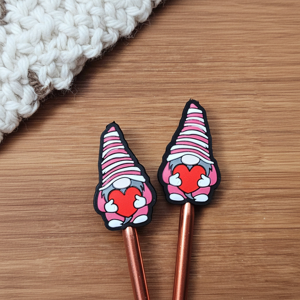 Clearance // GNOME WITH HEART STITCH STOPPERS / Knitting Needle Toppers / Set of 2 / Notions