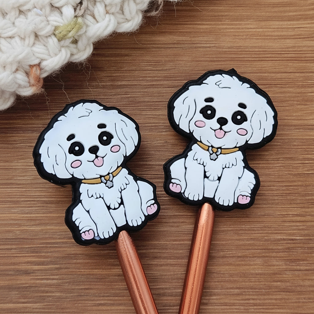 Clearance // SNOWBALL PUPPY STITCH STOPPERS / Set of 2 / Knitting Needle Toppers / Notions