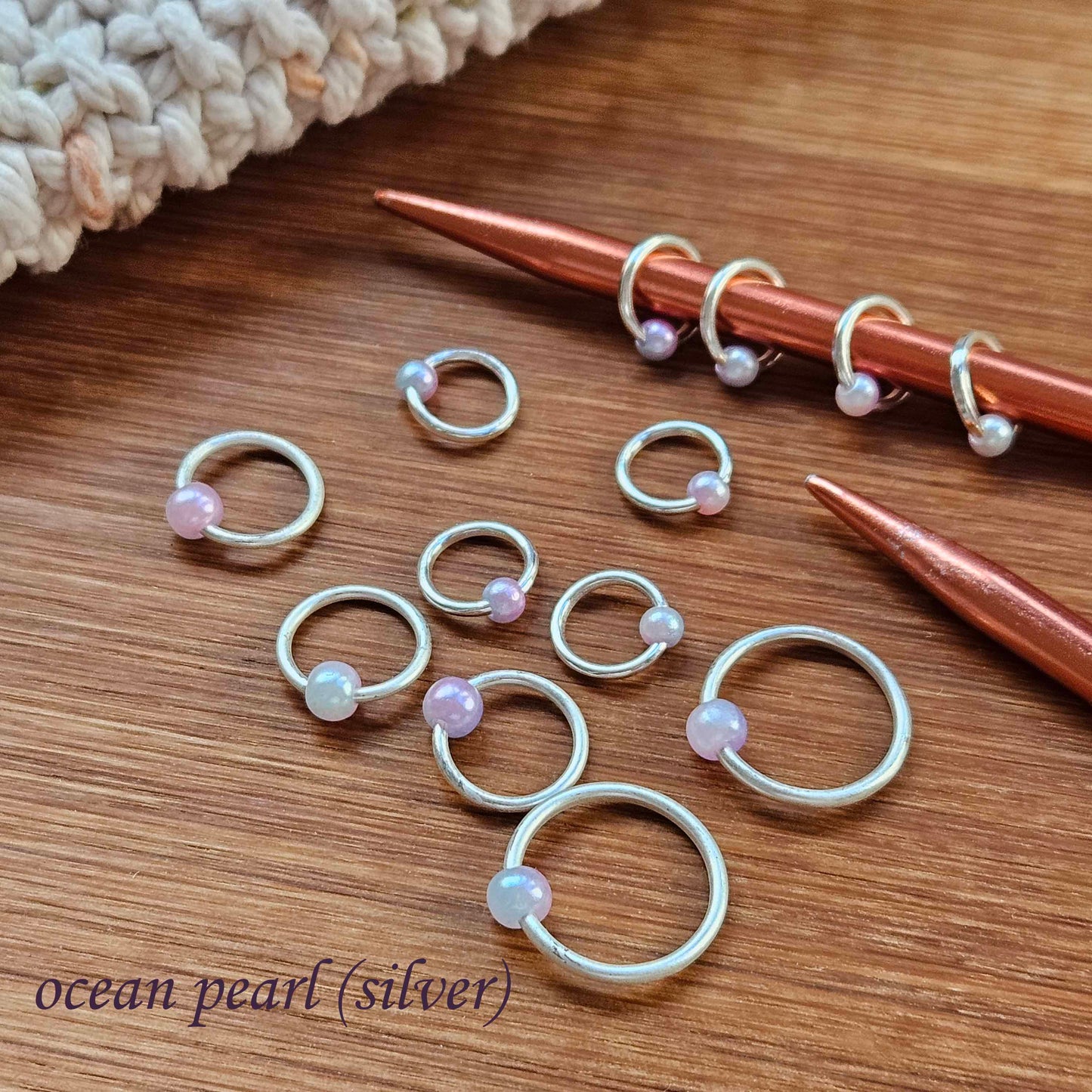 OCEAN PEARL STITCH MARKERS / 10 pcs / Silver Snag Free Stitch Markers / Notions