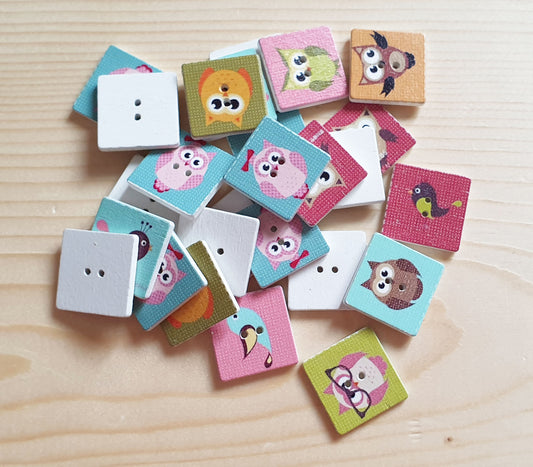 OWL SQUARE / 20*20mm / 8 buttons / Wooden Buttons / Sewing Buttons