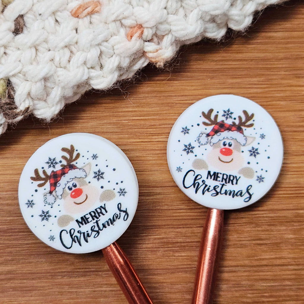 Clearance // ROUND CHRISTMAS DEER STITCH STOPPERS / Knitting Needle Toppers / Set of 2 / Notions