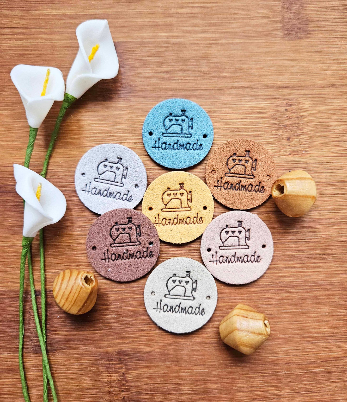 SEWING HANDMADE LABELS / Set of 5 / Round Faux Suede Labels / Handmade Tags / Garment Labels