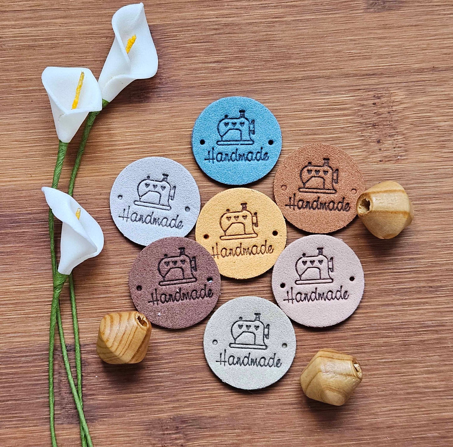 SEWING HANDMADE LABELS / Set of 5 / Round Faux Suede Labels / Handmade Tags / Garment Labels