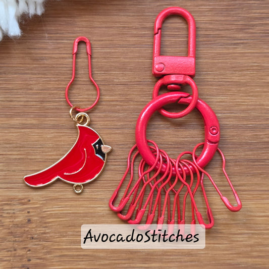 CRIMSON CARDINAL / Stitch Markers with Matching Holder & Bulb Pins / 12 pieces / Knitting Crochet Stitch Markers Set / Notions