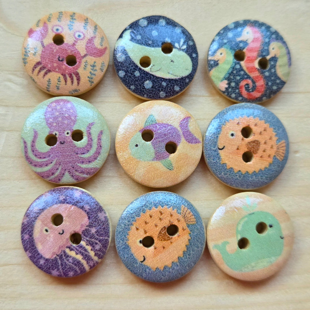 Little Sea Friends / Wooden Buttons / 15mm (Set of 8) (Set B)