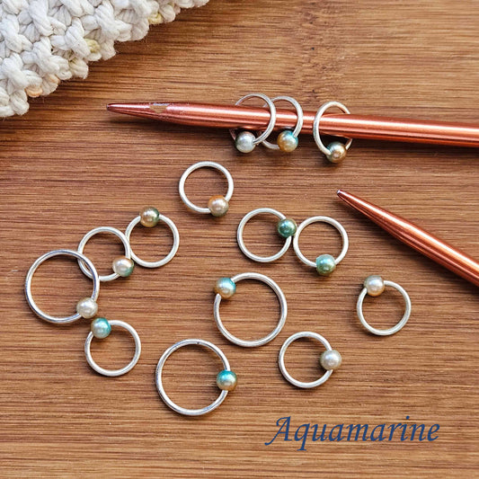 AQUAMARINE STITCH MARKERS / 10 pcs / Silver Snag Free Stitch Markers / Notions