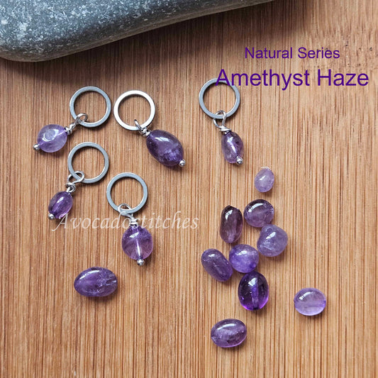 AMETHYST HAZE (Natural Stone & Stainless Steel) – Set of 5 Stitch Markers / Knitting Crochet Notions