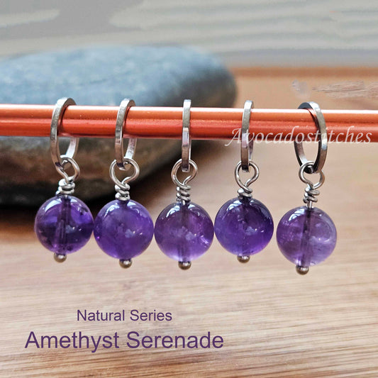 AMETHYST SERENADE (Natural Stone & Stainless Steel) – Set of 5 Stitch Markers / Knitting Crochet Notions