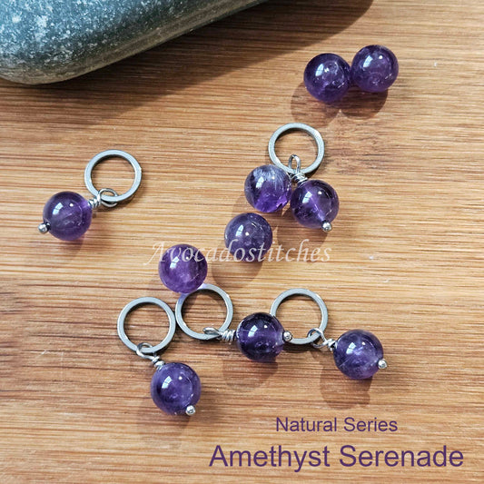 AMETHYST SERENADE (Natural Stone & Stainless Steel) – Set of 5 Stitch Markers / Knitting Crochet Notions