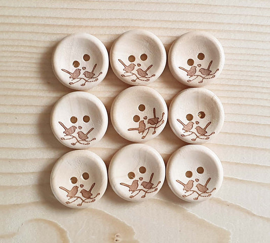 AvoDesigns BIRD LOVERS / Unvarnished 2-Hole Wooden Buttons / 20mm (Set of 6)