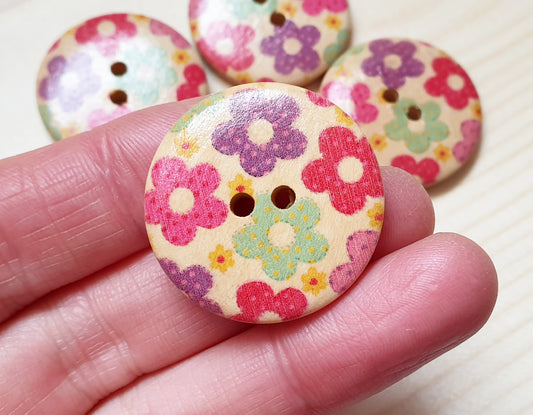 BABY DAISIES - multi-colours / 30mm / Set of 4 buttons / Wooden Buttons / Sewing Buttons