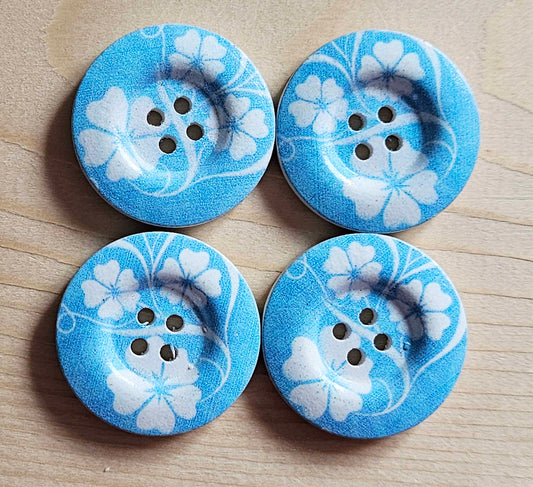 BLUE TRIO FLOWERS / 30mm - 6 buttons / Wooden Buttons / Sewing Buttons