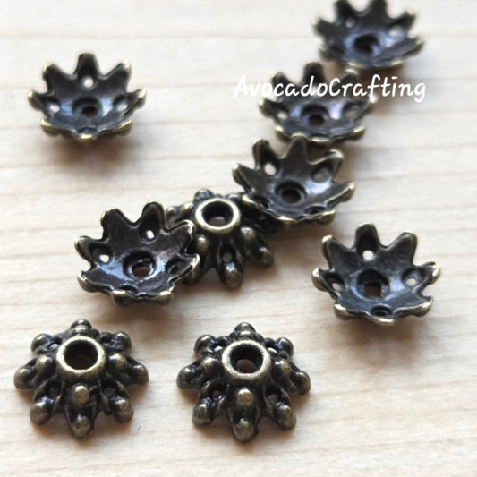 20/50 pieces // Zinc Alloy / Flower Bead Caps / 9mm / Antique Bronze / Jewelry Making