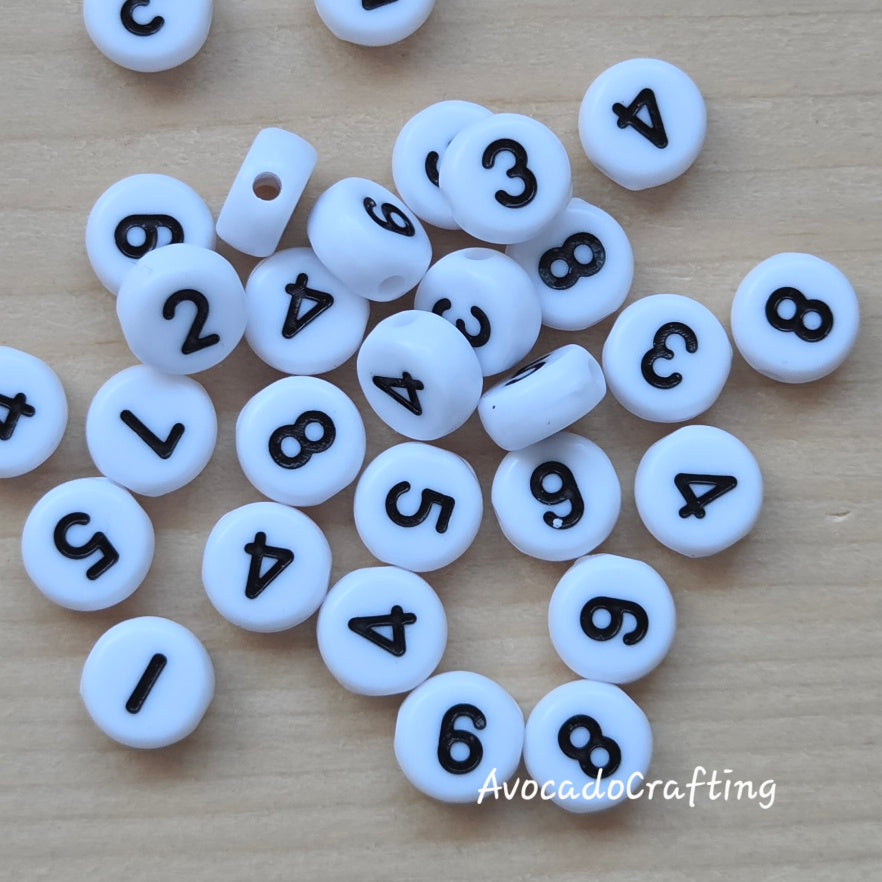 100 pieces (10 sets) // White Acrylic Round Number Beads (#0-#9) / 7*3.5mm / Jewelry Making