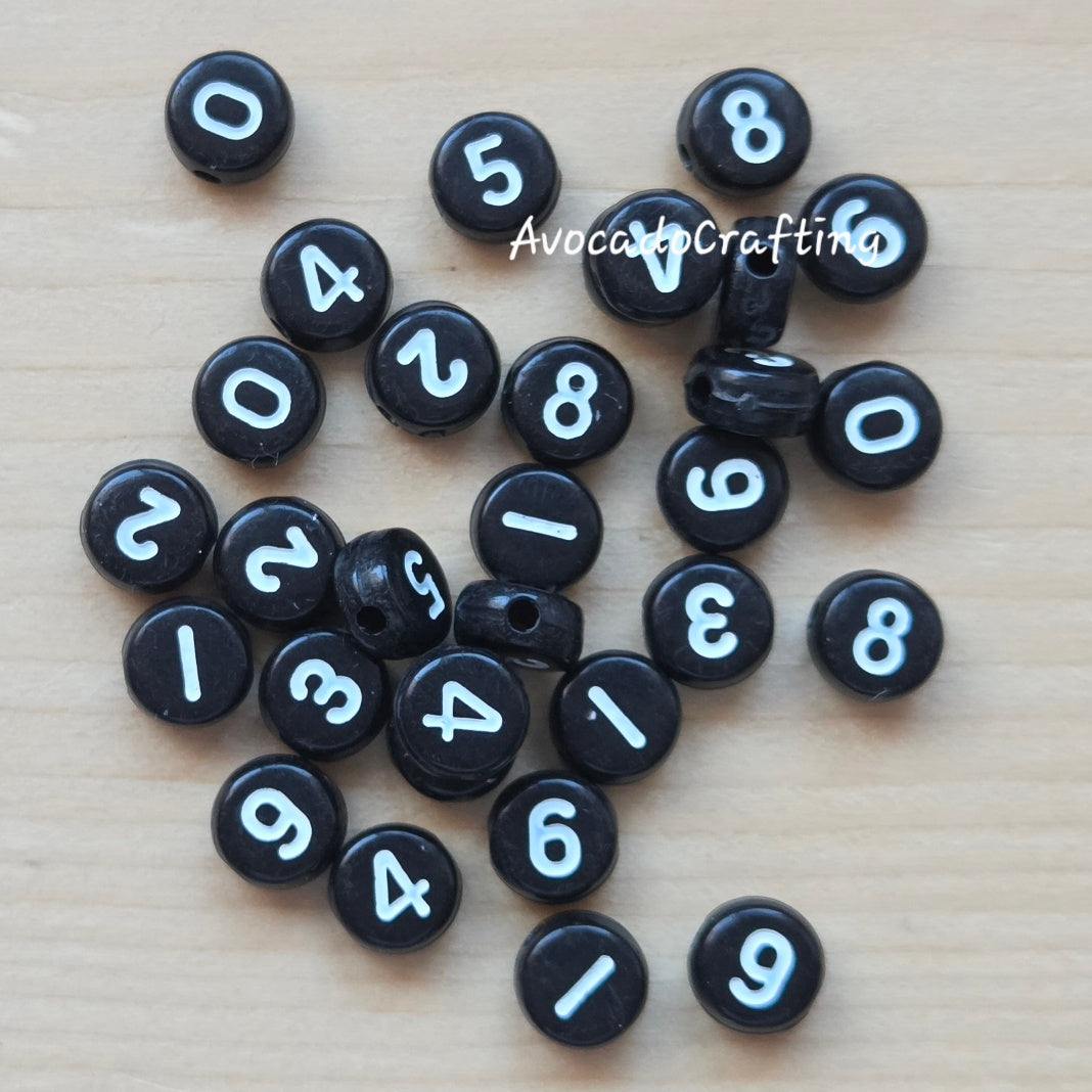 Black Acrylic Round Number Beads (#0-#9) / 100 pieces (10 sets) / Jewelry Making