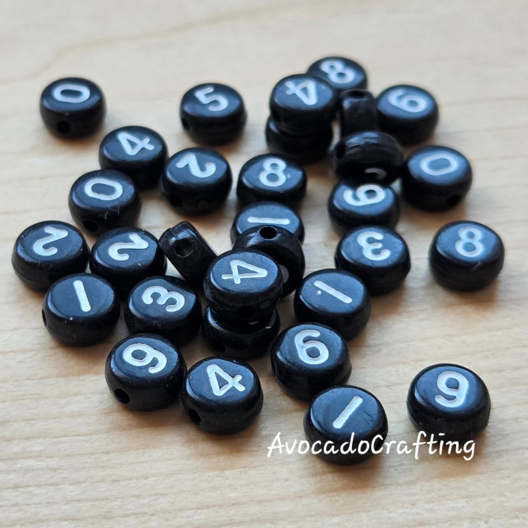 Black Acrylic Round Number Beads (#0-#9) / 100 pieces (10 sets) / Jewelry Making