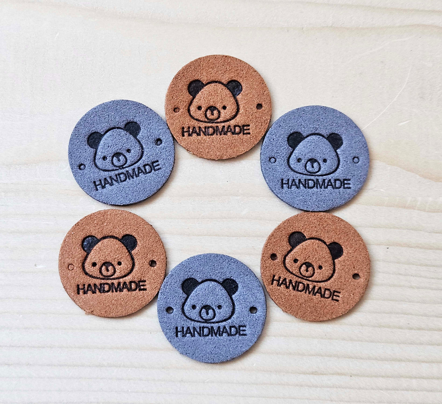 BEAR HANDMADE TAGS / Set of 5 / Round Handmade Labels / Faux Suede Labels / Faux Leather Labels / Garment Tags