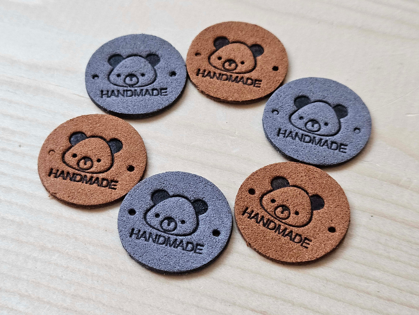 BEAR HANDMADE TAGS / Set of 5 / Round Handmade Labels / Faux Suede Labels / Faux Leather Labels / Garment Tags