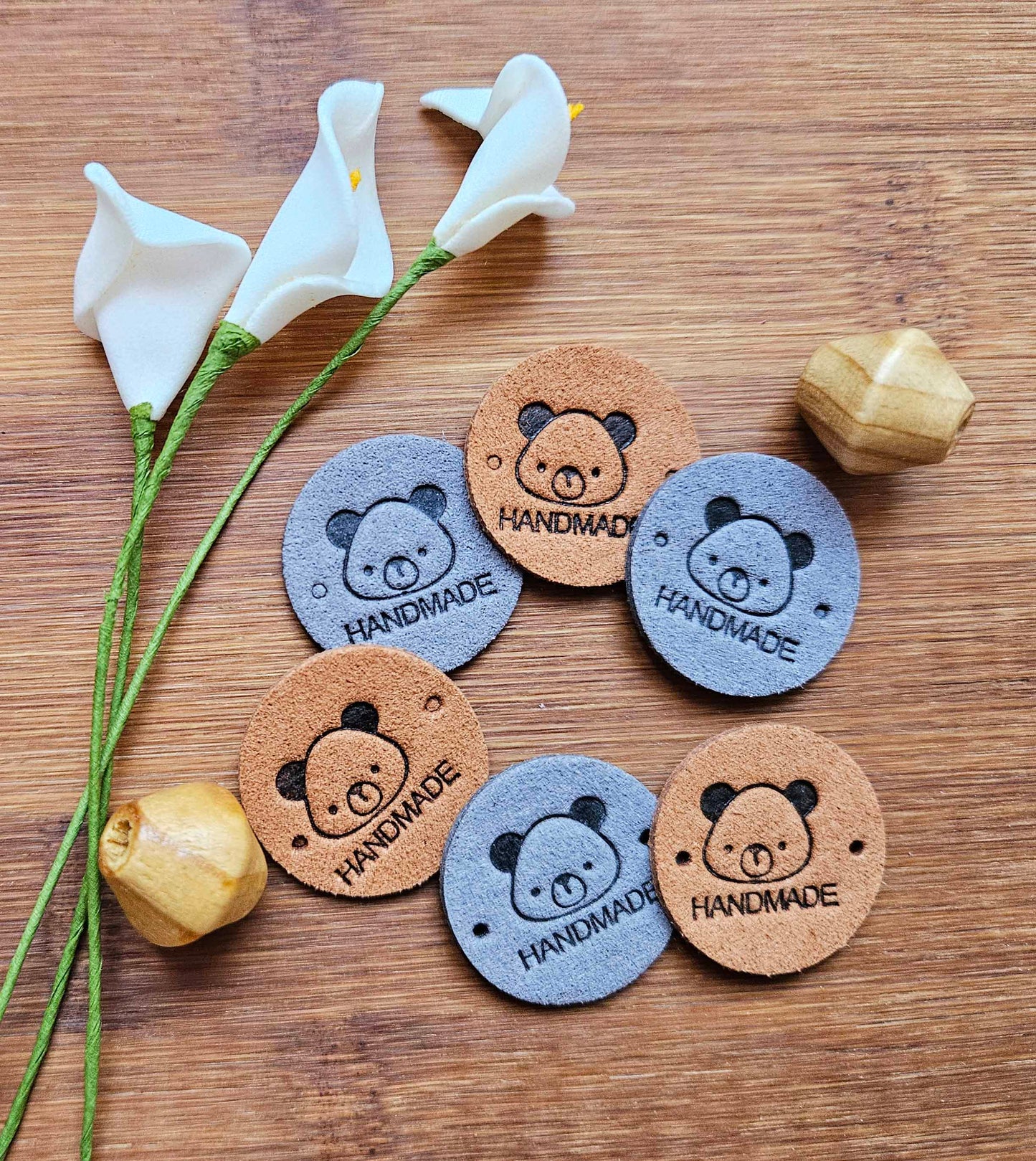 BEAR HANDMADE TAGS / Set of 5 / Round Handmade Labels / Faux Suede Labels / Faux Leather Labels / Garment Tags