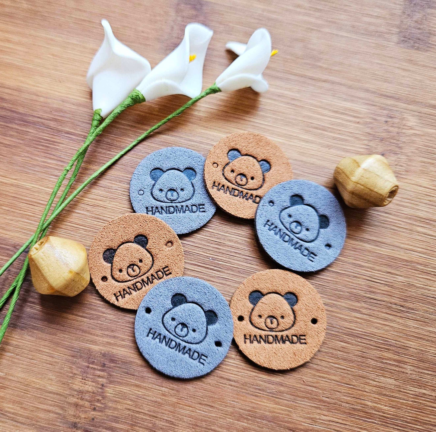 BEAR HANDMADE TAGS / Set of 5 / Round Handmade Labels / Faux Suede Labels / Faux Leather Labels / Garment Tags