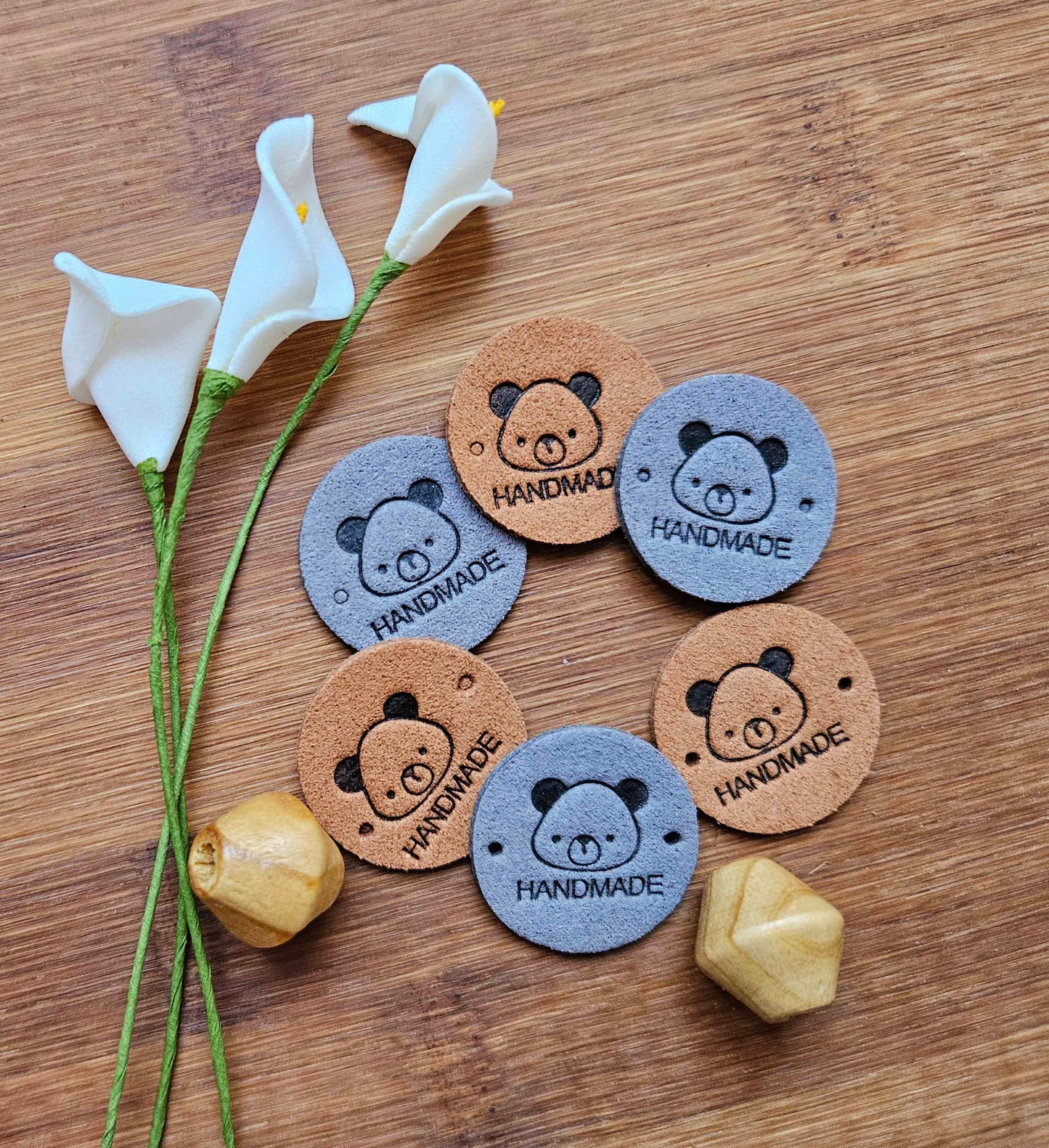 BEAR HANDMADE TAGS / Set of 5 / Round Handmade Labels / Faux Suede Labels / Faux Leather Labels / Garment Tags