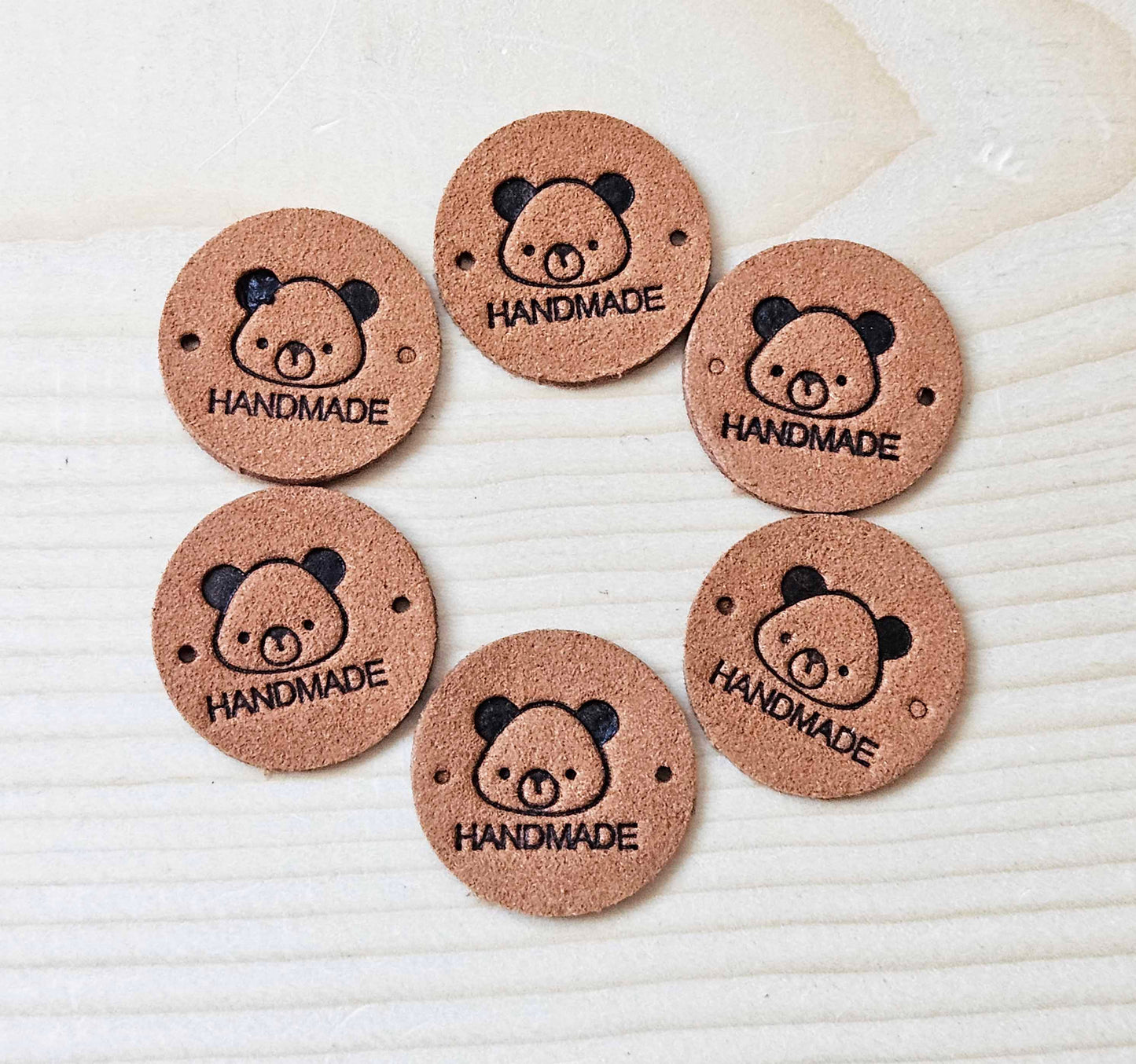 BEAR HANDMADE TAGS / Set of 5 / Round Handmade Labels / Faux Suede Labels / Faux Leather Labels / Garment Tags